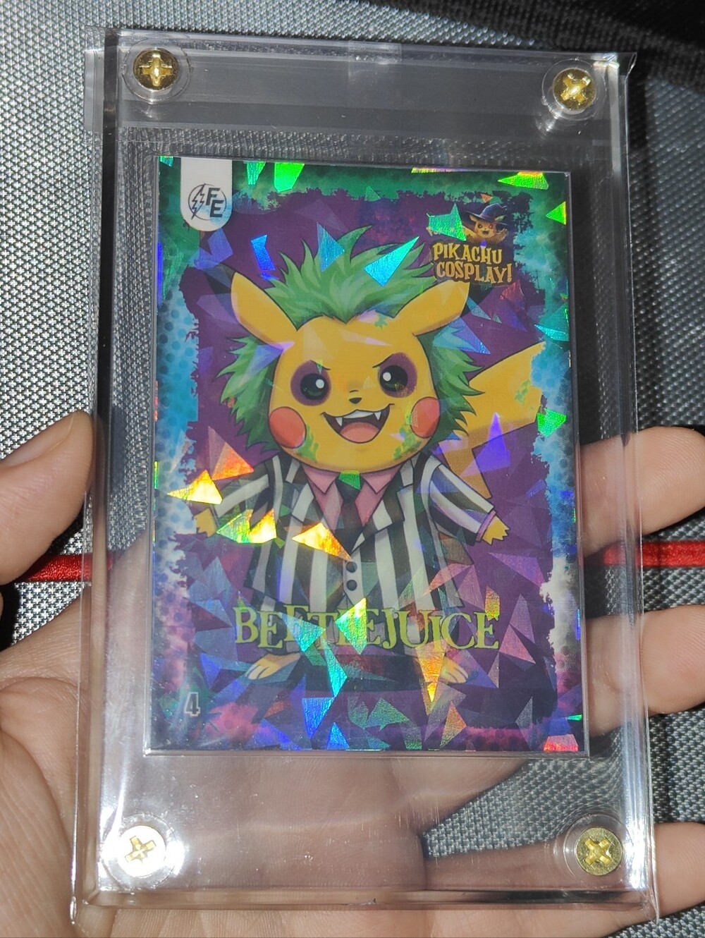 Beetlejuice Cracked Ice holo encased Pikachu Cosplay Horror card Doujin Pokemon